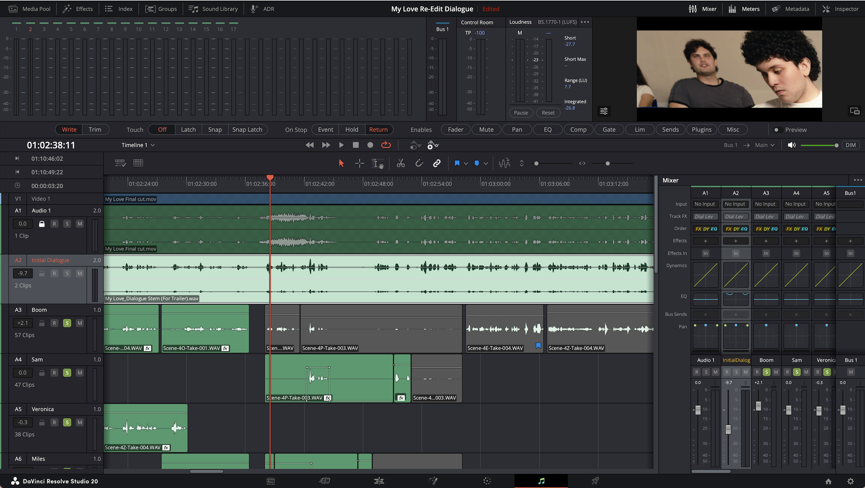 Screenshot of audio editing software showing dialogue waveforms.